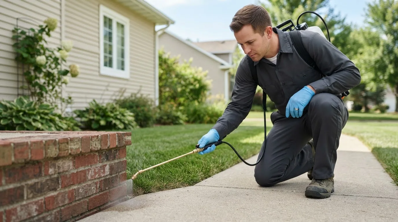 Pest control technician treating a home near West Lebanon, IN